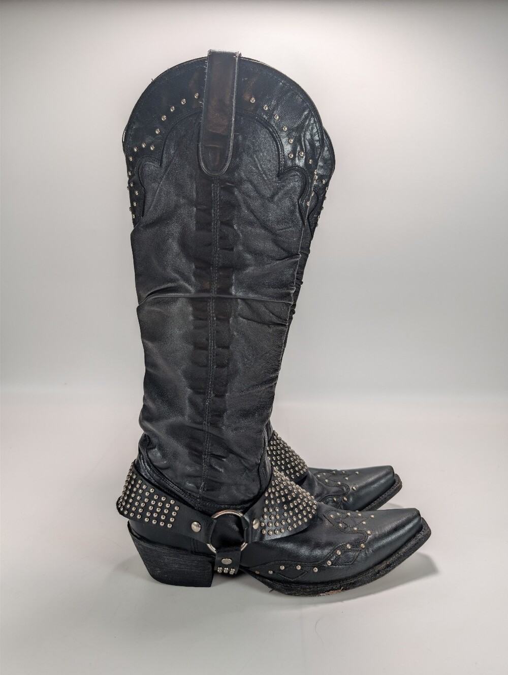 Denver Mountain Boots Black Leather Slouchy Studded Harness Boots
